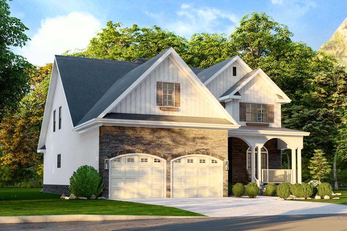 House plan exterior of a two-story Modern Farmhouse with a side-entry garage, arched windows, white siding, and stone accents.