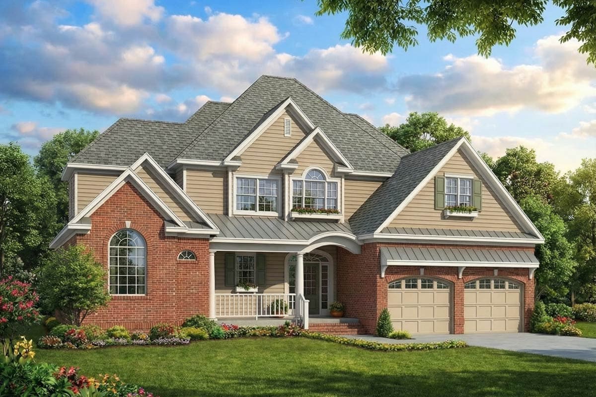A two-story house with a brick facade and tan siding, arched windows, and a covered porch. Lush green lawn and cloudy blue sky are in view.