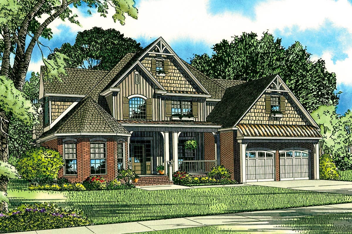 House plan exterior: Two-story home with brick and board-and-batten siding, prominent gables, front porch, and attached two-car garage.