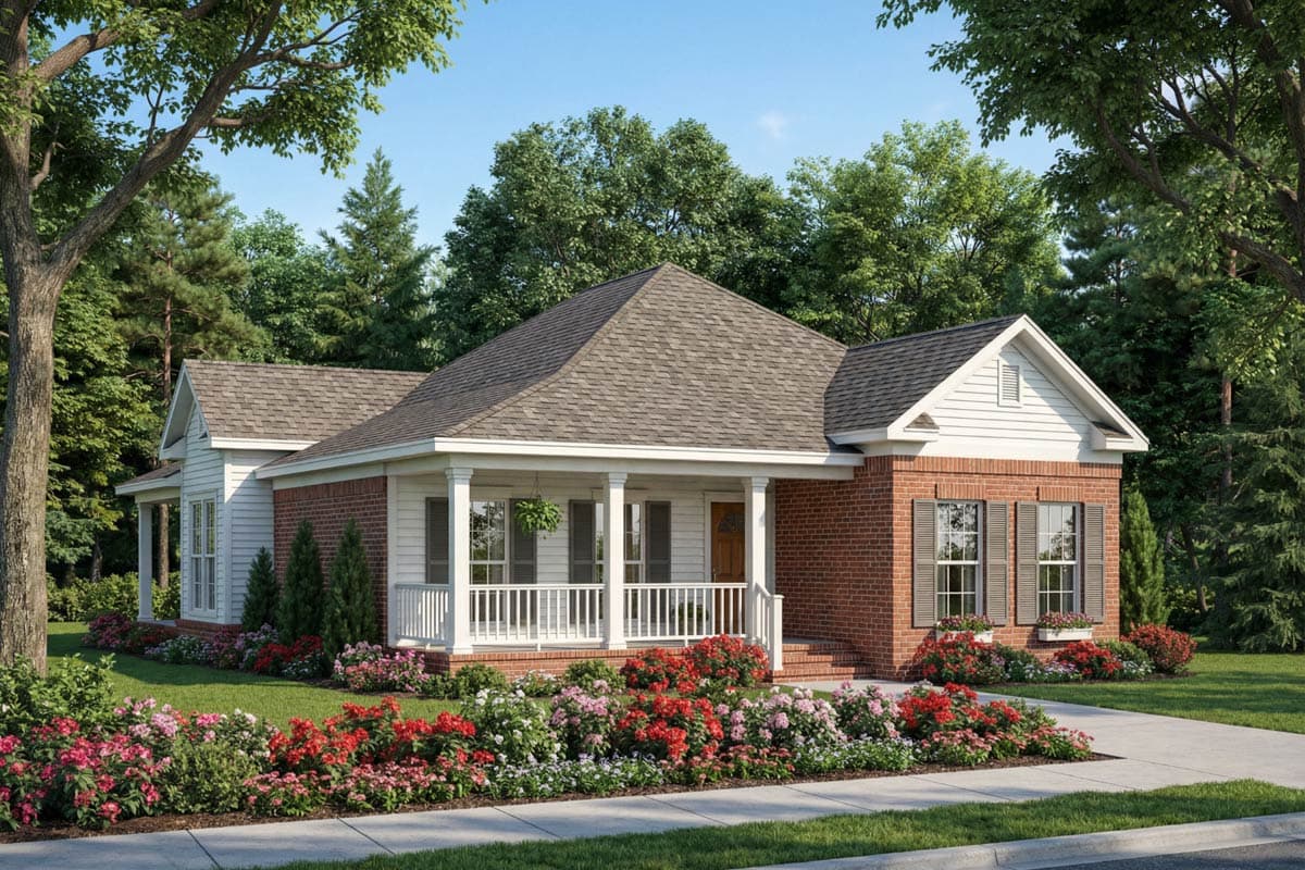 House plan exterior. One-story house with a front porch supported by columns. Features include gables, brick facade, and shutters.