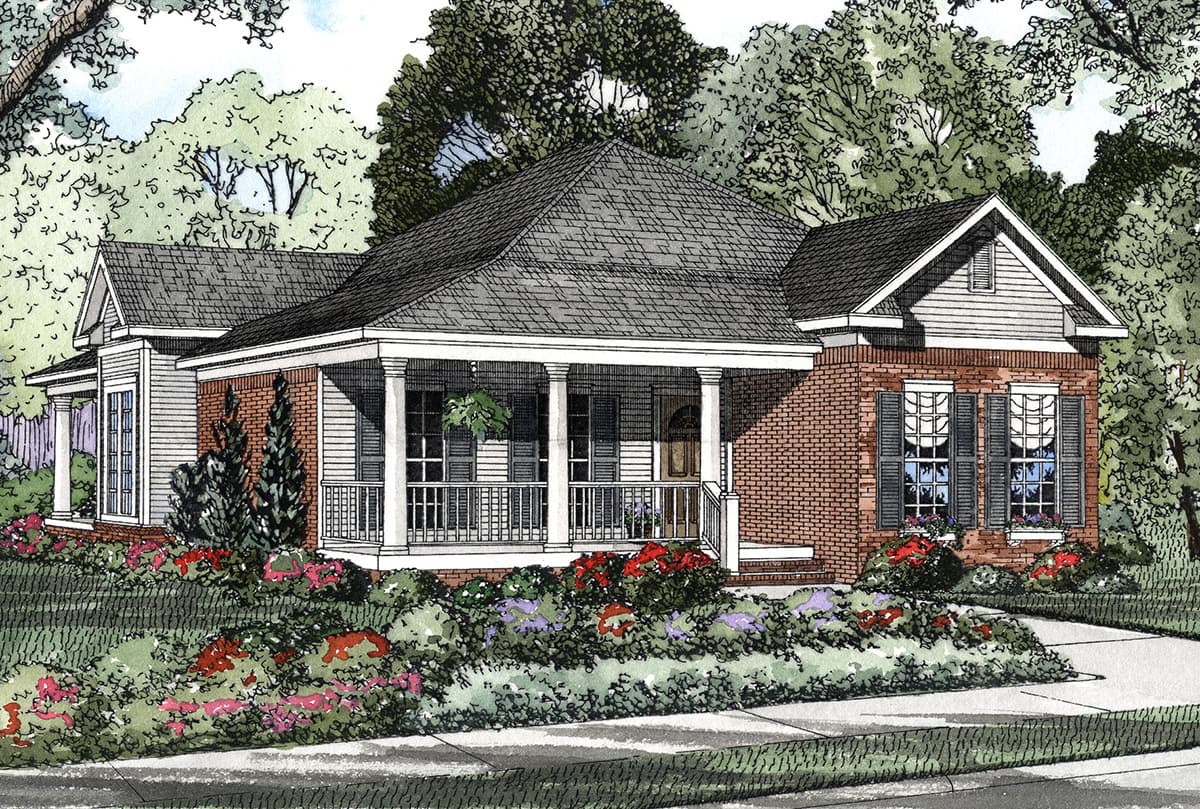 House plan exterior: One-story Craftsman style with brick accents, a full front porch with columns, multiple gables, and a dormer.