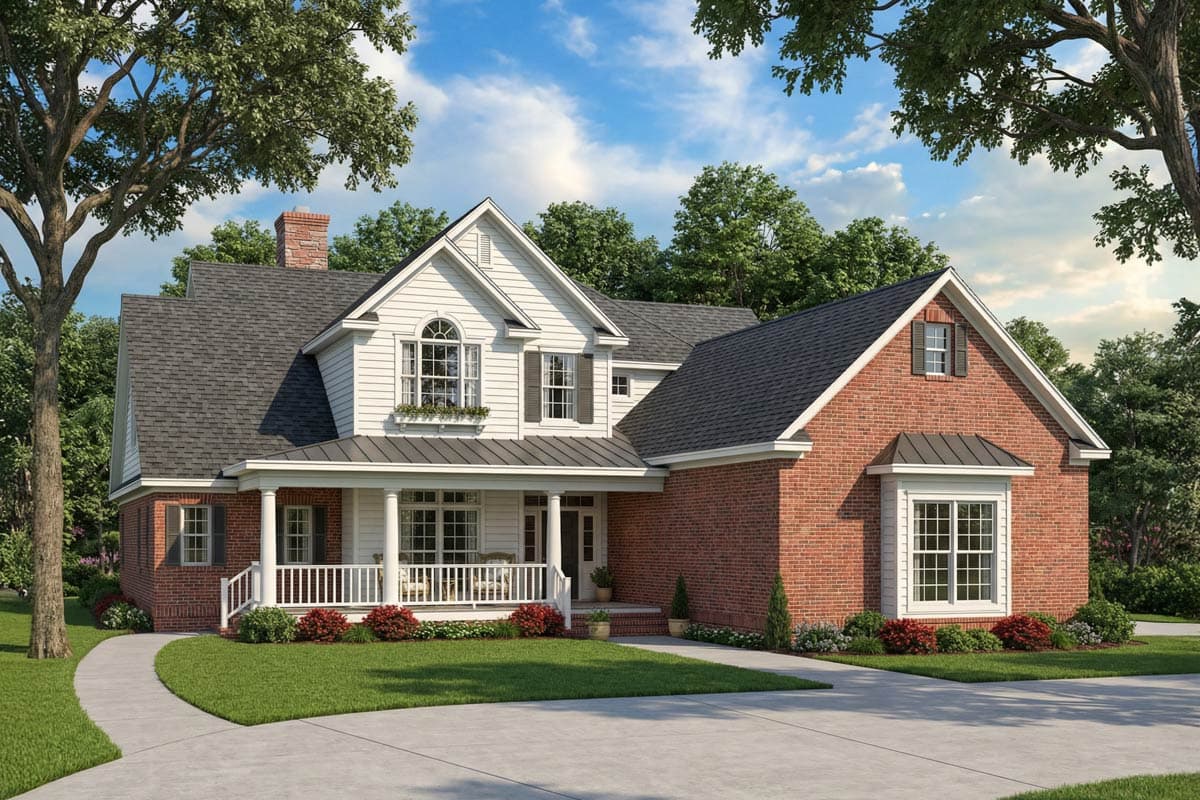 A two-story house with a white facade and red brick siding, a wraparound porch, and a winding driveway, surrounded by mature trees.