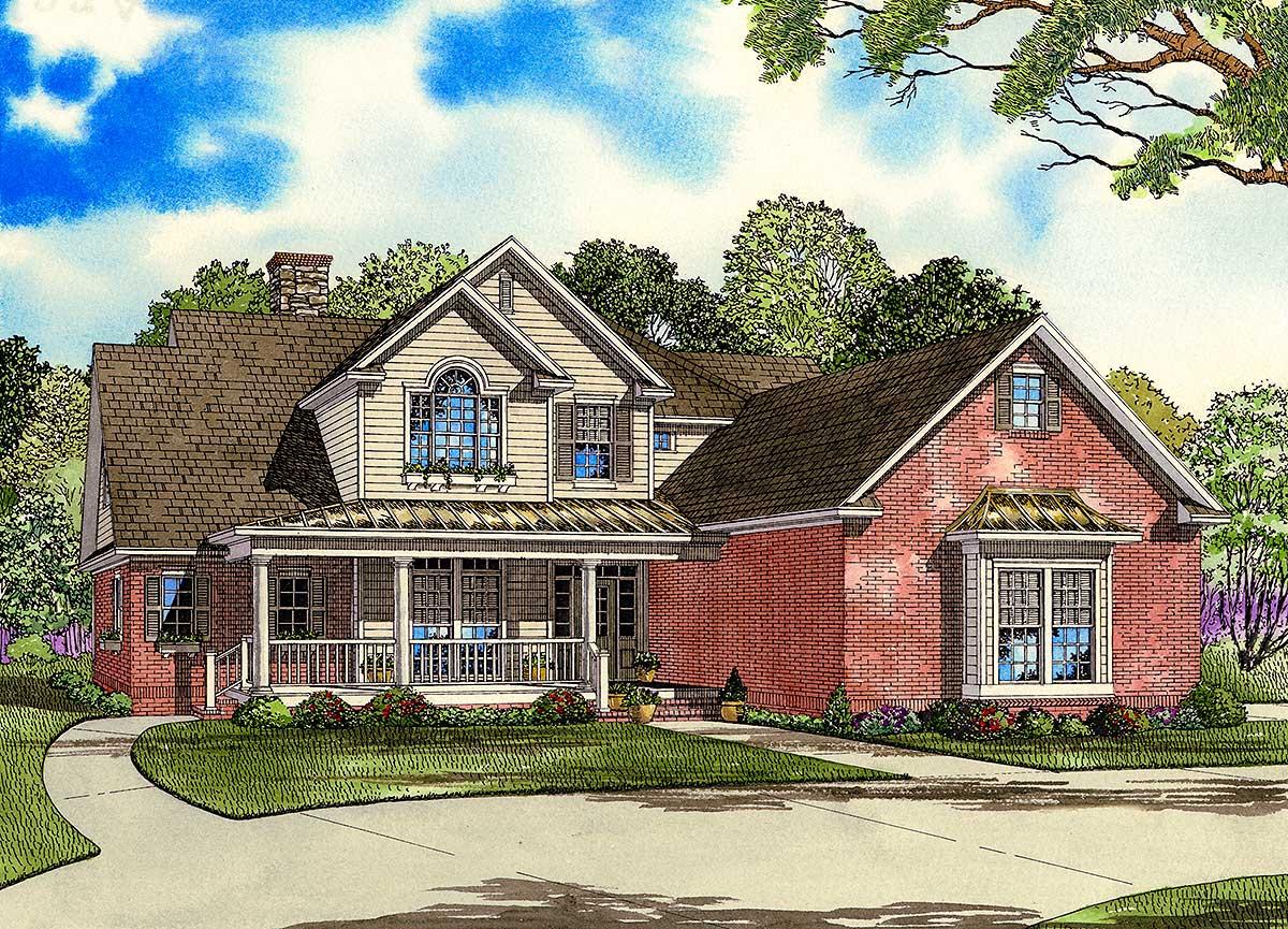 House plan exterior featuring a wrap-around porch, arched dormer window, and brick facade with a bay window.
