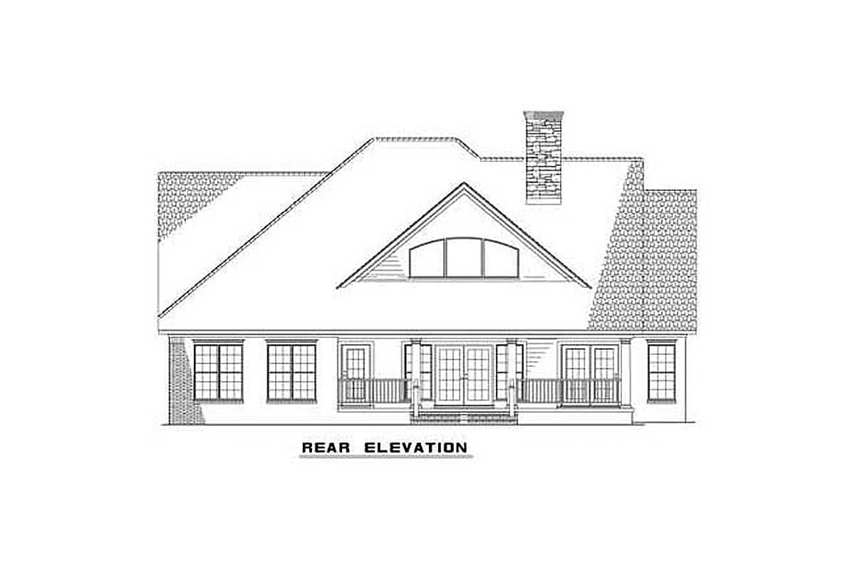 Rear elevation drawing of a house plan with a hip roof, dormer, chimney, and a covered porch.