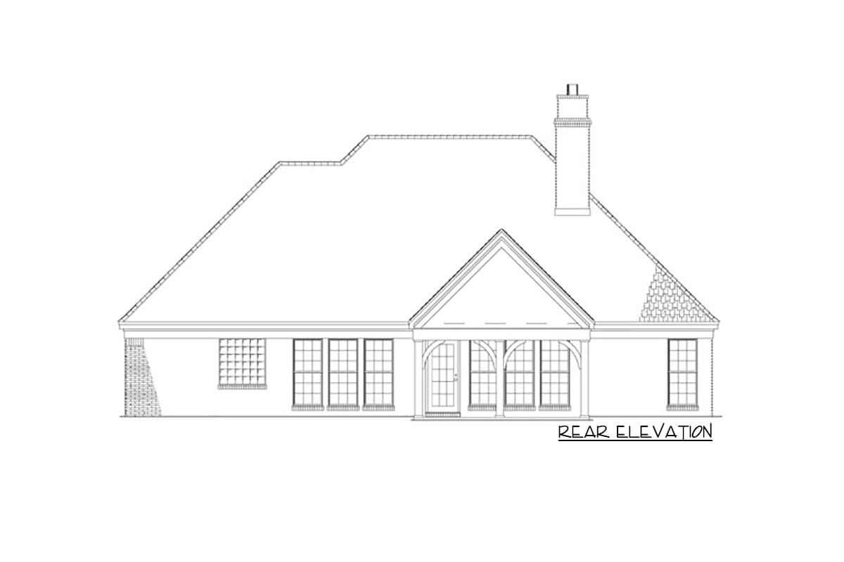 Rear elevation drawing of a house plan with a prominent gable, covered porch with arched supports, brick chimney, and multiple windows.