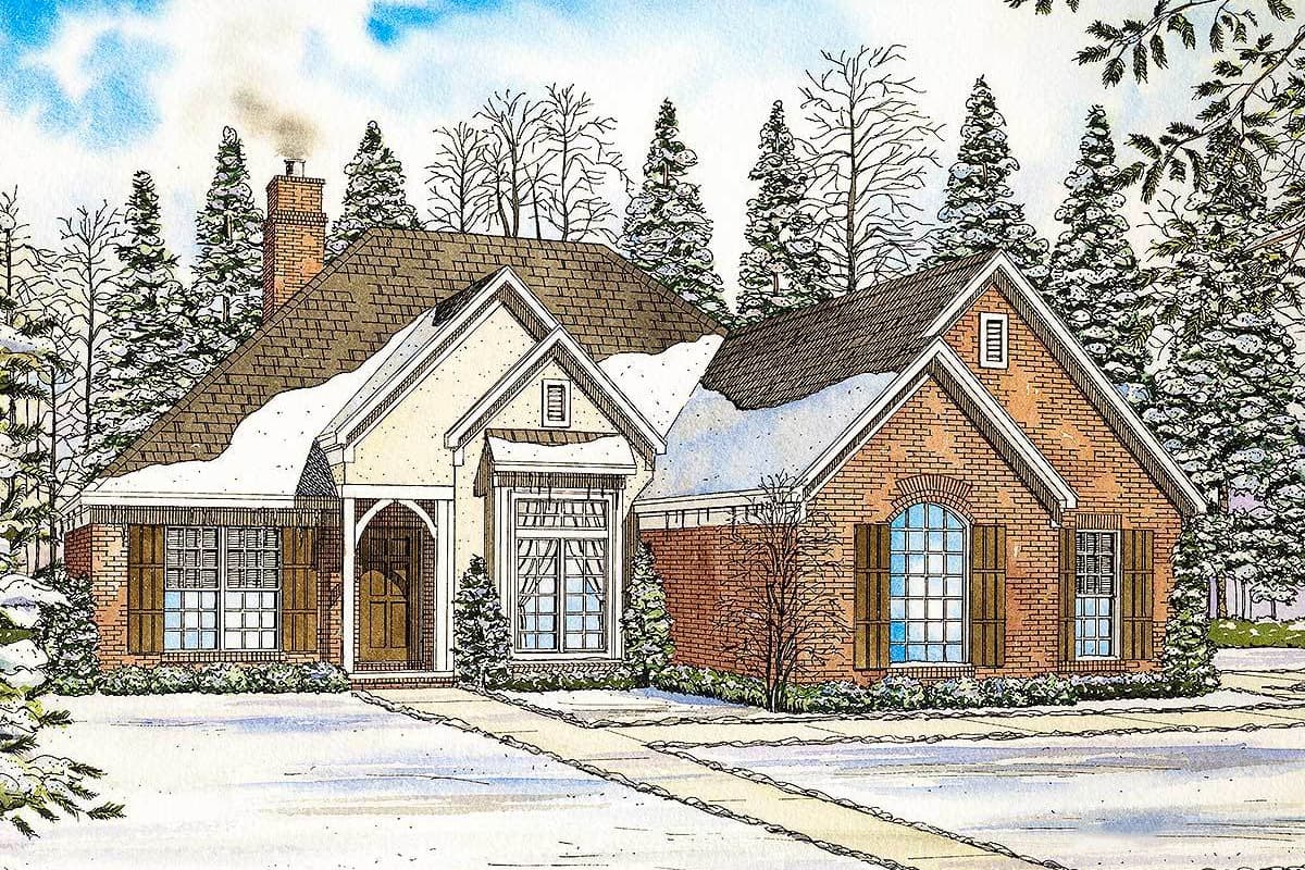 House plan exterior: Brick and stucco one-story home with arched entry, gables, dormers, and pitched rooflines.