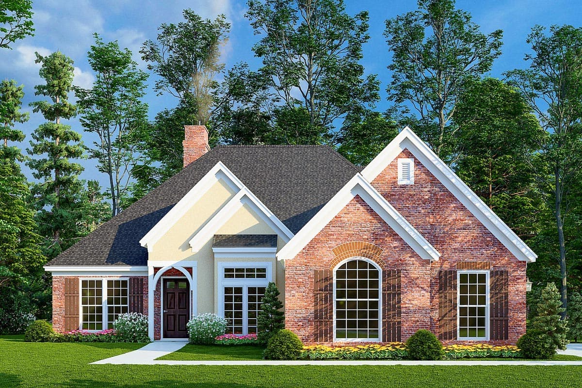 House plan exterior: One-story French Provincial style with brick and stucco, arched window, gable dormer, and brick chimney.