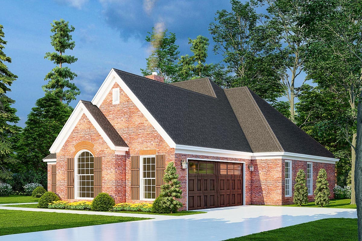 House plan exterior: Brick home with a gable roof, arched window, and side-facing garage with carriage-style doors.