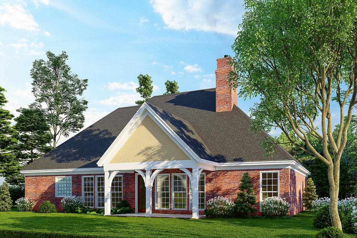 House plan exterior: Red brick ranch with gabled entry, covered porch with arched supports, and prominent brick chimney.