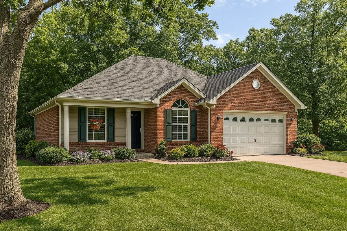 House plan exterior: Ranch style, brick facade, side-entry garage, front porch with columns, arched window detail.