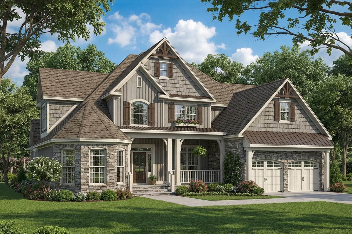 A craftsman-style house with stone accents, a covered porch, and a two-car garage. Lush landscaping surrounds the inviting home under a blue sky.