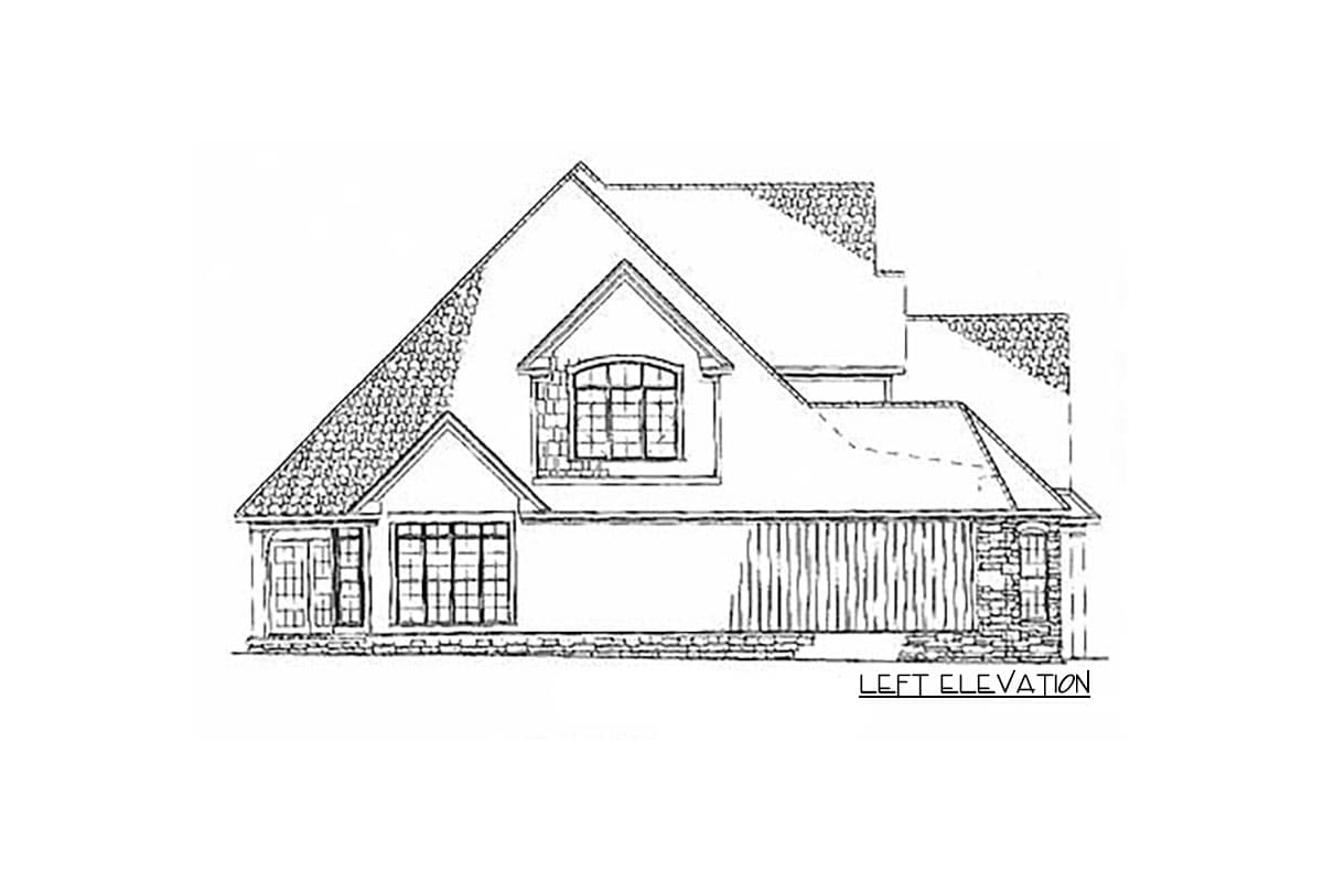 Left elevation drawing of a house plan showing multiple gables, dormer window, and varied exterior finishes like stone and siding.