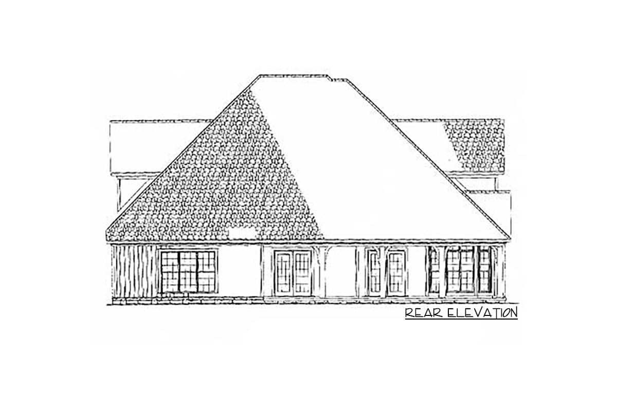 Rear elevation drawing of a house plan with a prominent gable roof, covered porch, and multiple windows.