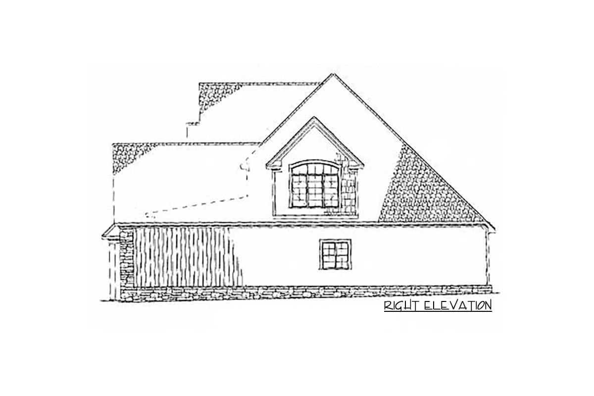 Right elevation house plan with gabled dormer, stone foundation, and clapboard siding.