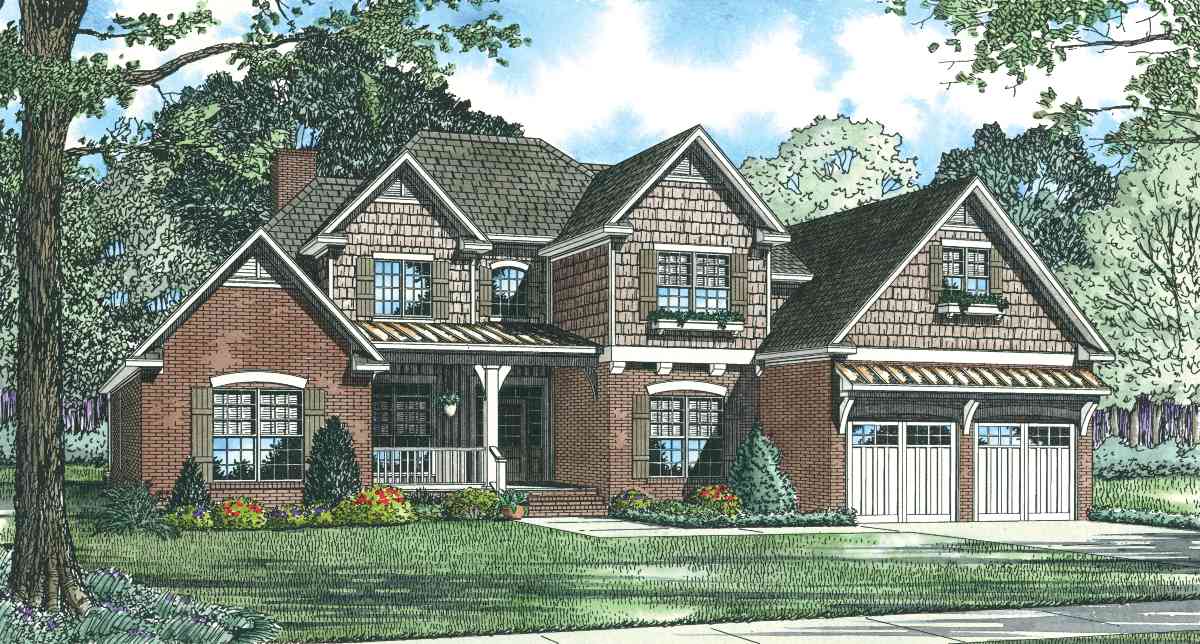 House plan exterior: Two-story home with brick and shingle siding, front porch, gables, dormers, and a side-entry three-car garage.