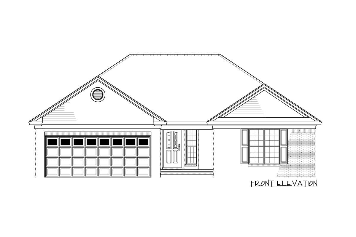 Front elevation drawing of a single-story house with a gabled roof, attached garage, and bay window.