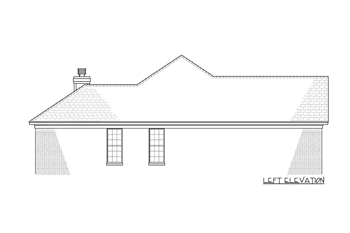 Left elevation house plan drawing showing brick foundation, two windows, and a hip roof with a chimney.
