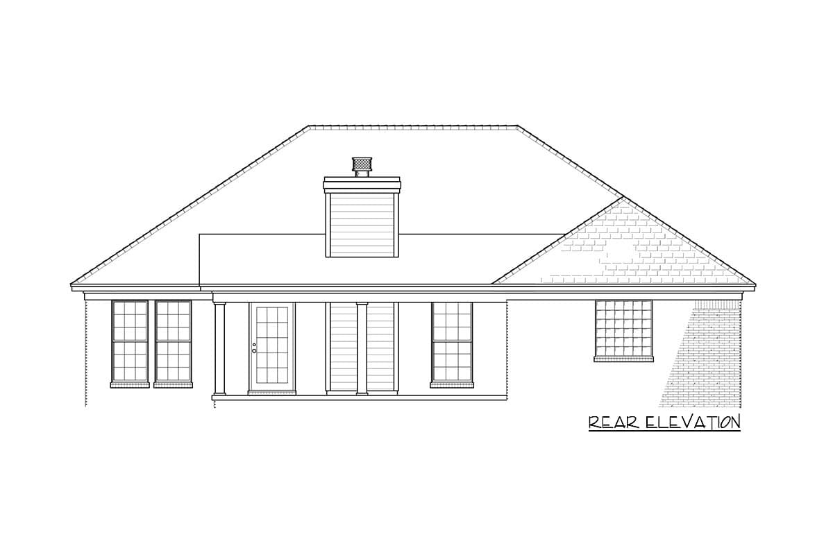 Rear elevation house plan featuring a covered porch with columns, a central door, and multi-pane windows.