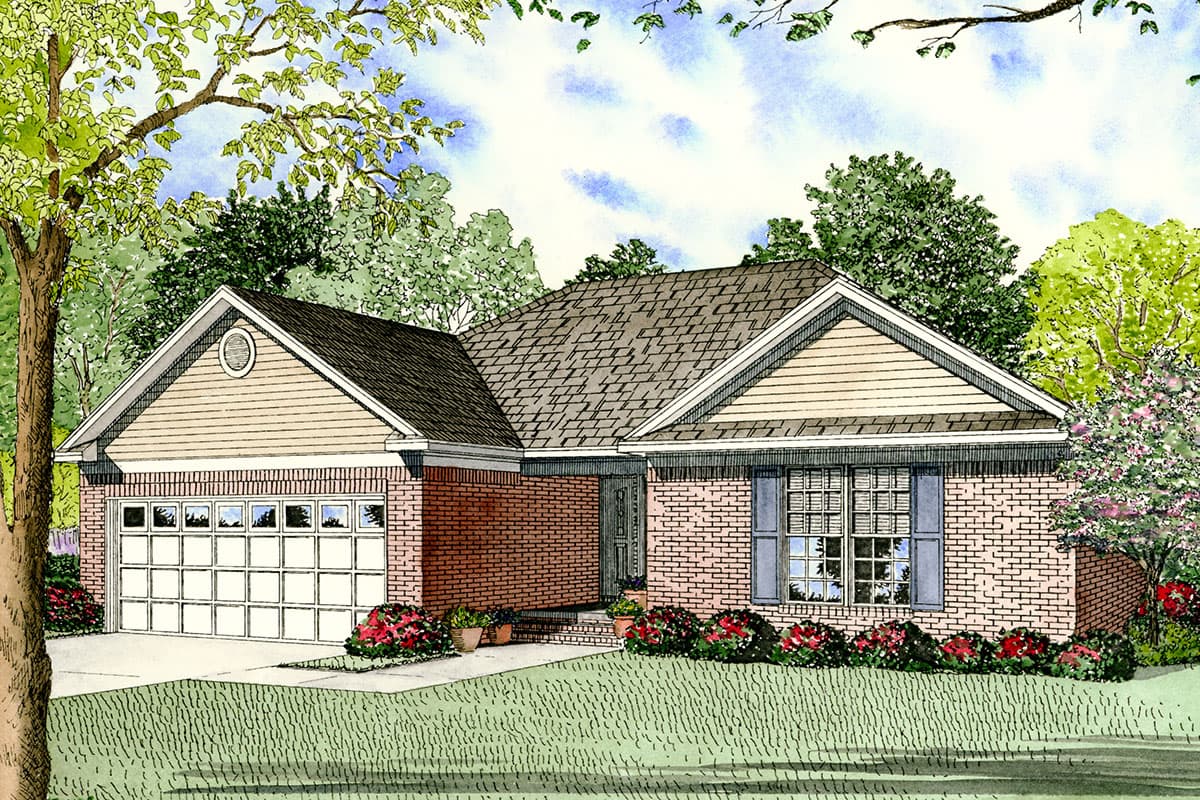 House plan exterior: Single-story brick home with gable roof, attached garage with multi-pane door, and wide front windows.