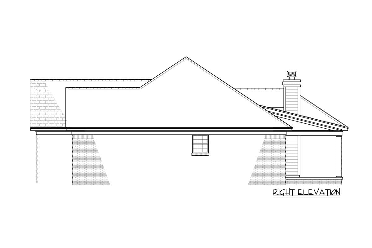 Right elevation drawing of a house plan, showing varied rooflines, a chimney, and brick accents.