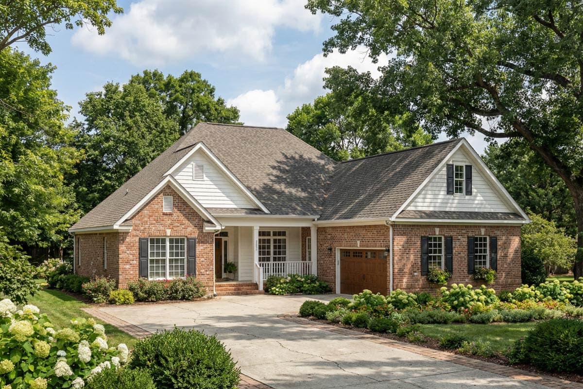 House plan exterior. Brick facade, one-story Ranch style home with gabled roof, front porch, and attached garage. Includes shutters and dormers.