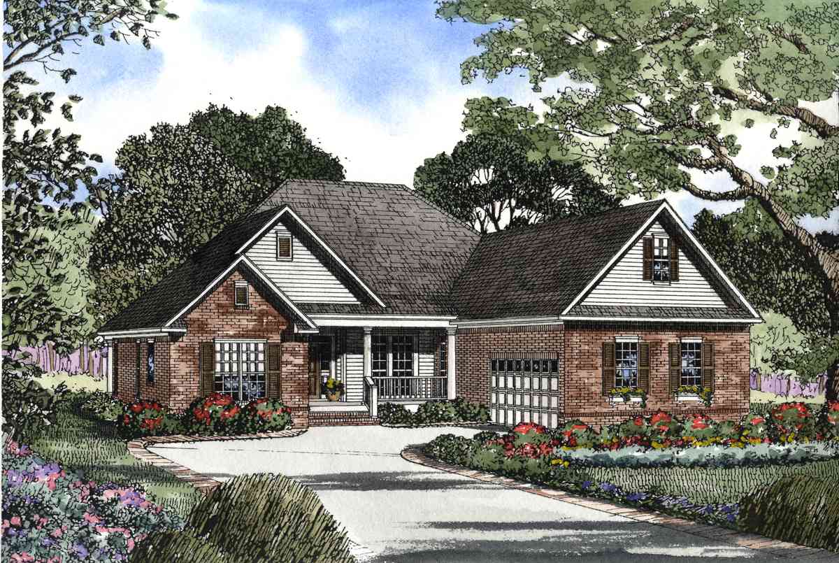 House plan exterior: One-story brick home with a covered front porch, gabled dormers, and a two-car garage.