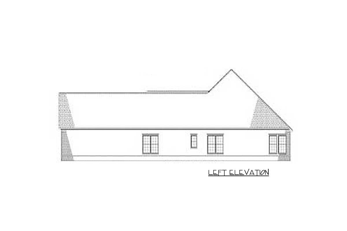 Left elevation drawing of a house plan showing a single-story structure with a varied roofline and multiple windows.