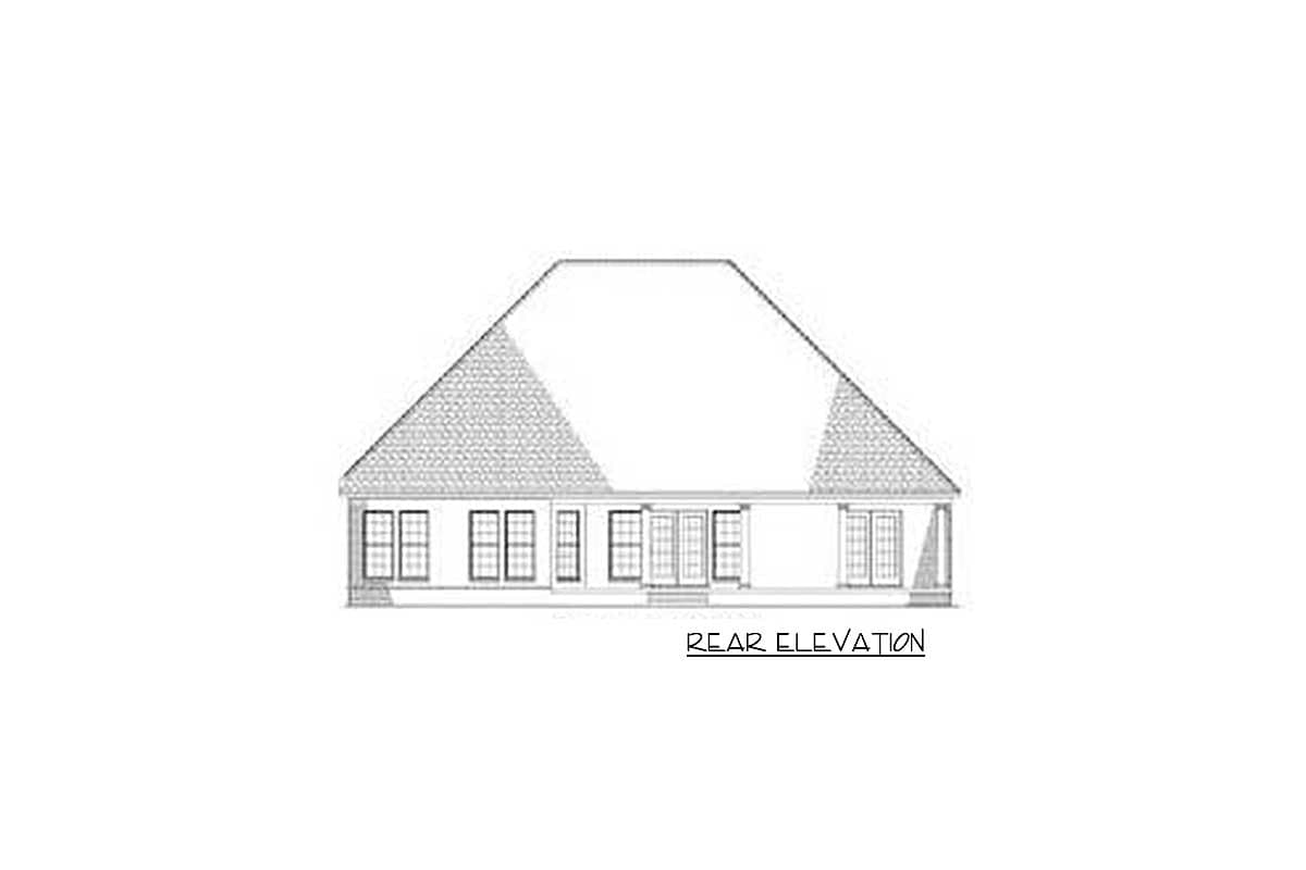 Rear elevation drawing of a house plan with multiple windows, French doors, and a covered porch.