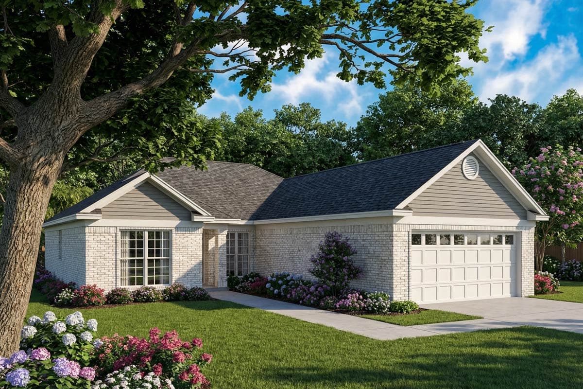 A rendered exterior of a brick-faced, single-story home with a garage. Lush greenery and flowers frame the house, a large tree overhangs the roof.