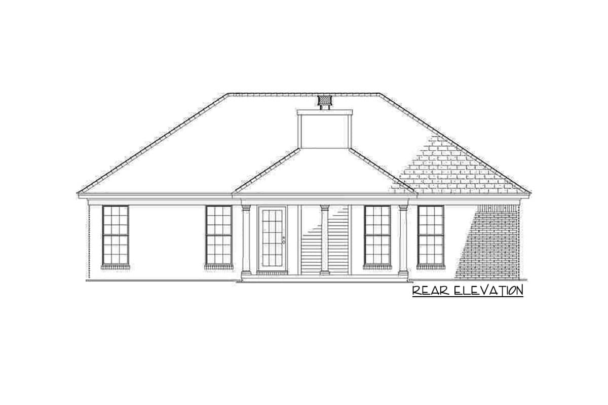Rear elevation drawing of a one-story house plan with a prominent gabled roof, central chimney, and double doors.