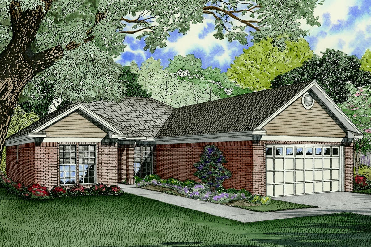 House plan exterior: One-story brick home with gabled roof, wide eaves, horizontal siding gable, and a multi-pane garage door.