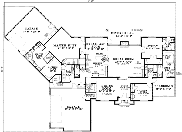 Plan 59361ND: Brick and Stone - Floor Plan - Main Level - Traditional
