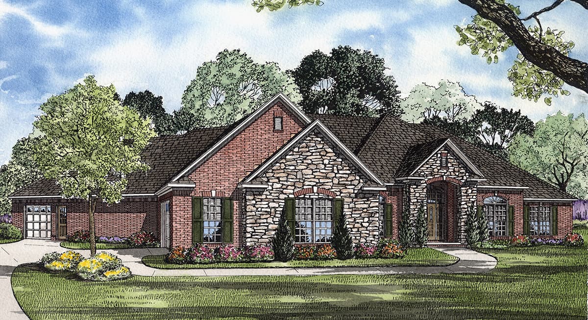 House plan exterior: Ranch style with brick and stone facade, prominent gables, arched entry, and attached garage.
