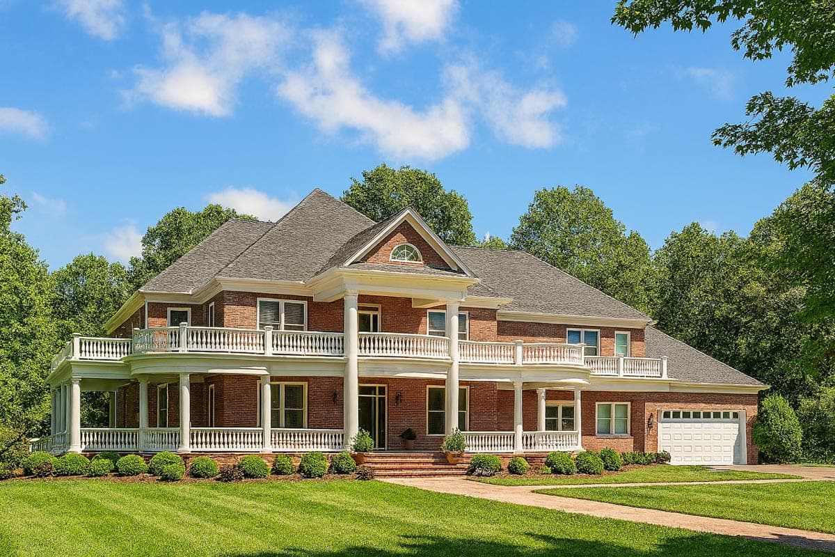 House plan exterior: Two-story brick home with wraparound balconies, central portico with columns, and attached three-car garage.