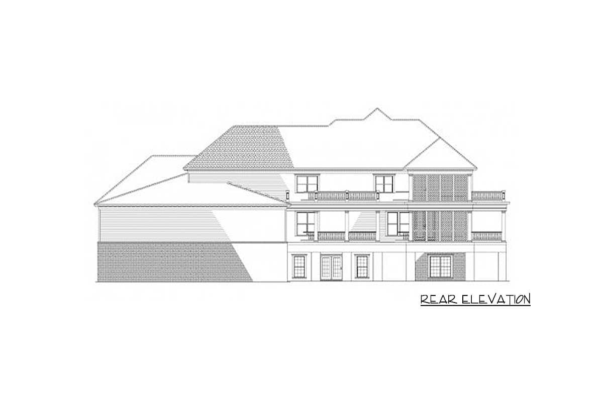 Rear elevation drawing of a large house with multiple stories, balconies, and varied rooflines.