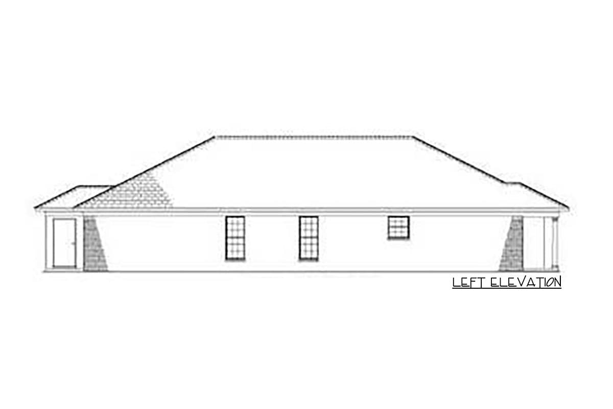 Left elevation drawing of a single-story house plan with a hip roof, brick accents, and multiple windows.