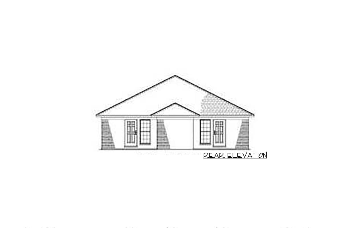 Rear elevation drawing of a one-story house with two doors and two windows, featuring a prominent gable.