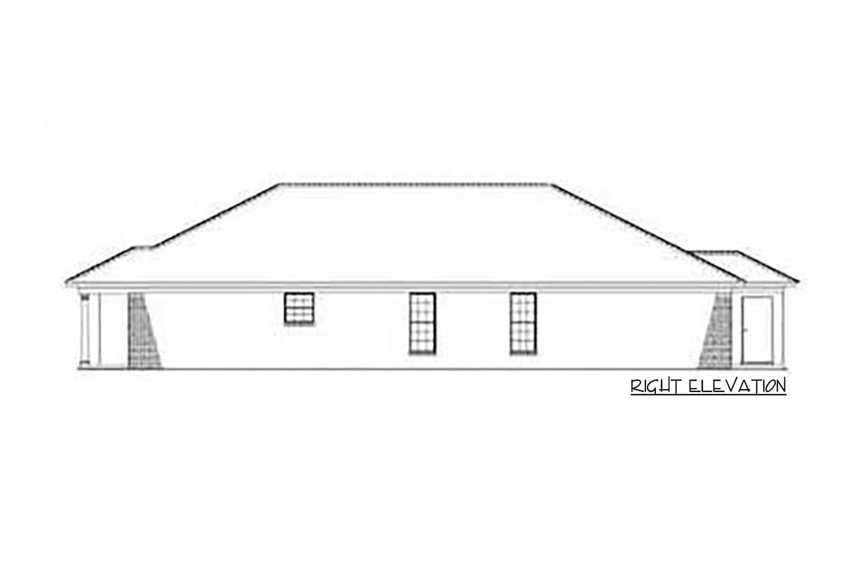House plan right elevation drawing showing a single-story structure with a porch, four windows, and a side door.