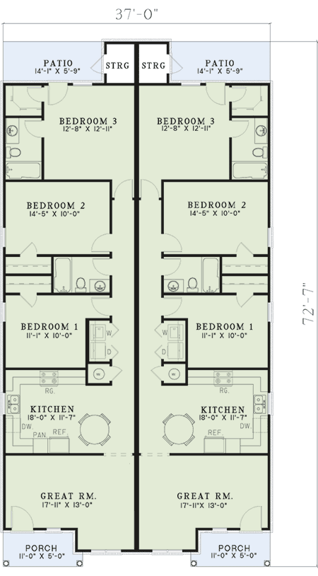 Plan 59365ND: Lovely 3-Bed Duplex House Plan with Matching Units Under 1200 Square Feet - Floor Plan - Main Level - Southern, Traditional