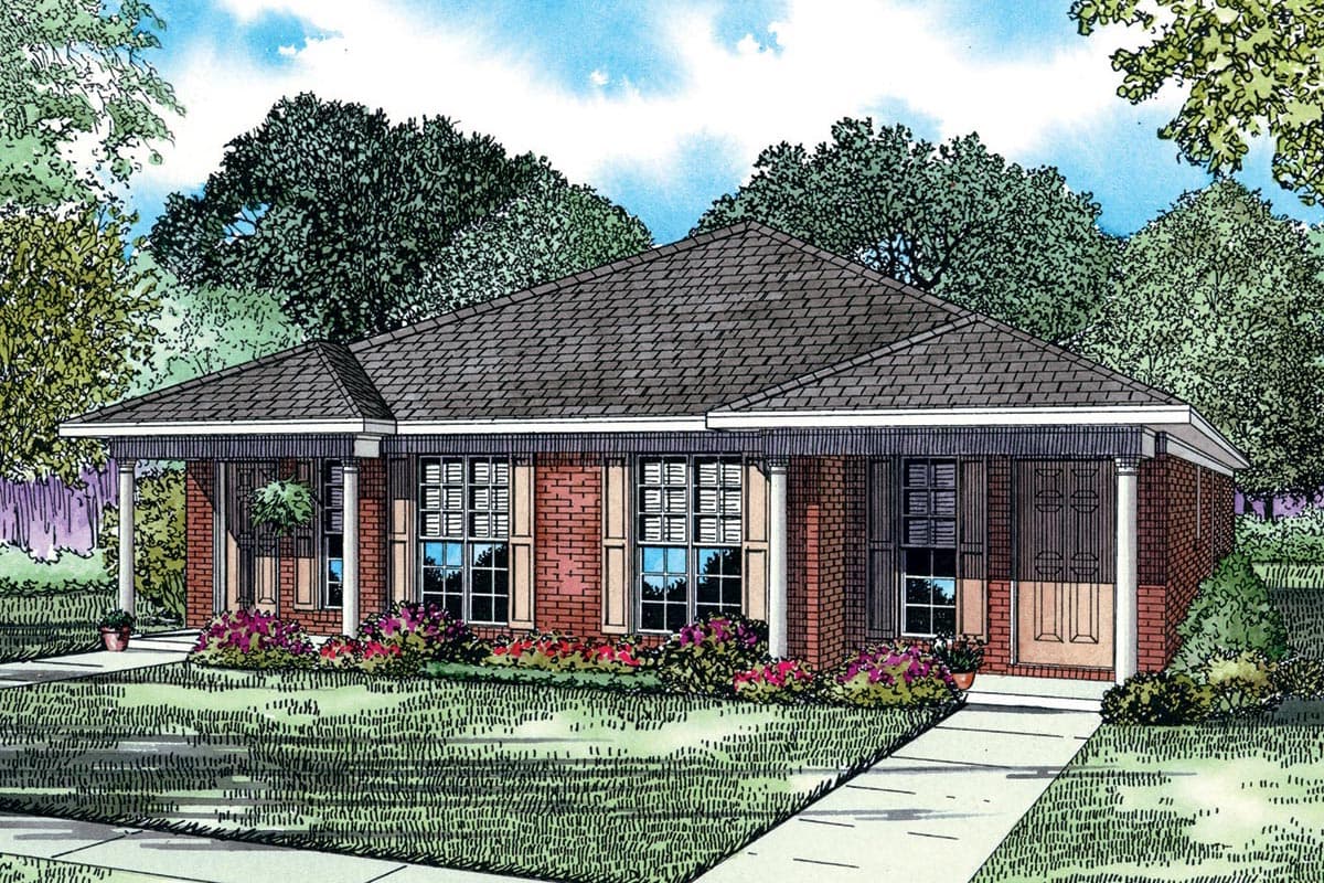 Ranch house plan exterior with brick facade, full-width covered porch supported by columns, and gable roof.