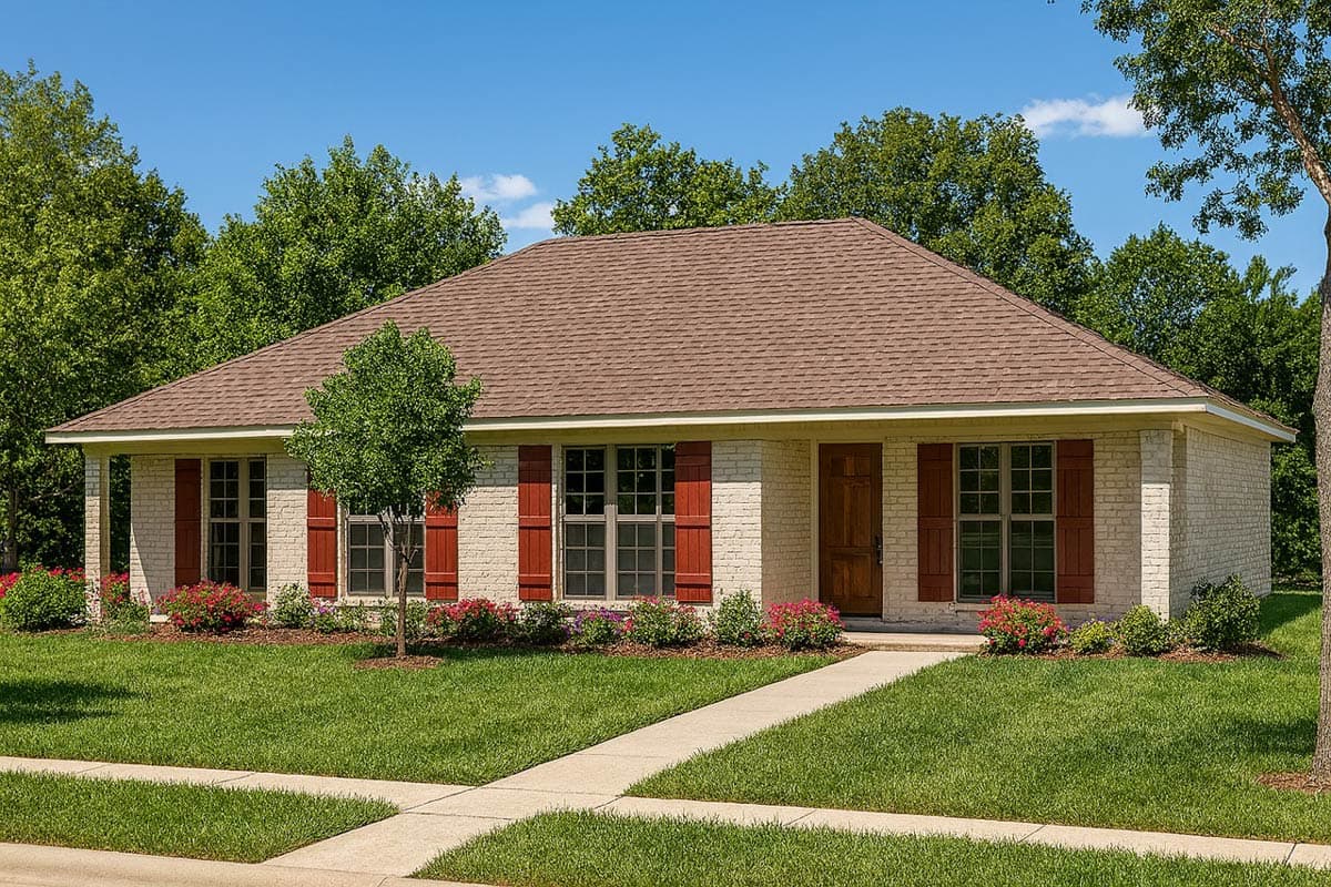 Ranch house plan exterior with brick facade, covered front porch, and red shutters.