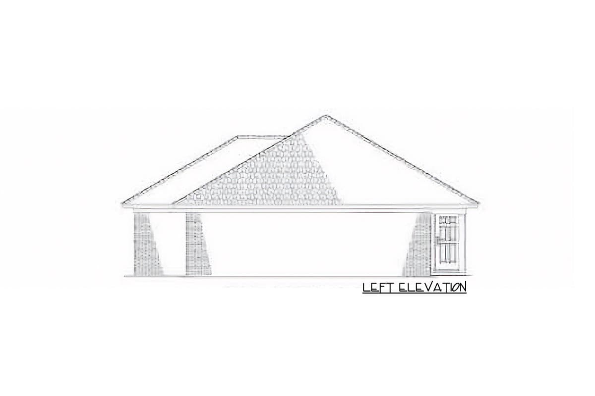 Left elevation drawing of a house plan with a gable roof, stone accents, and a single window.