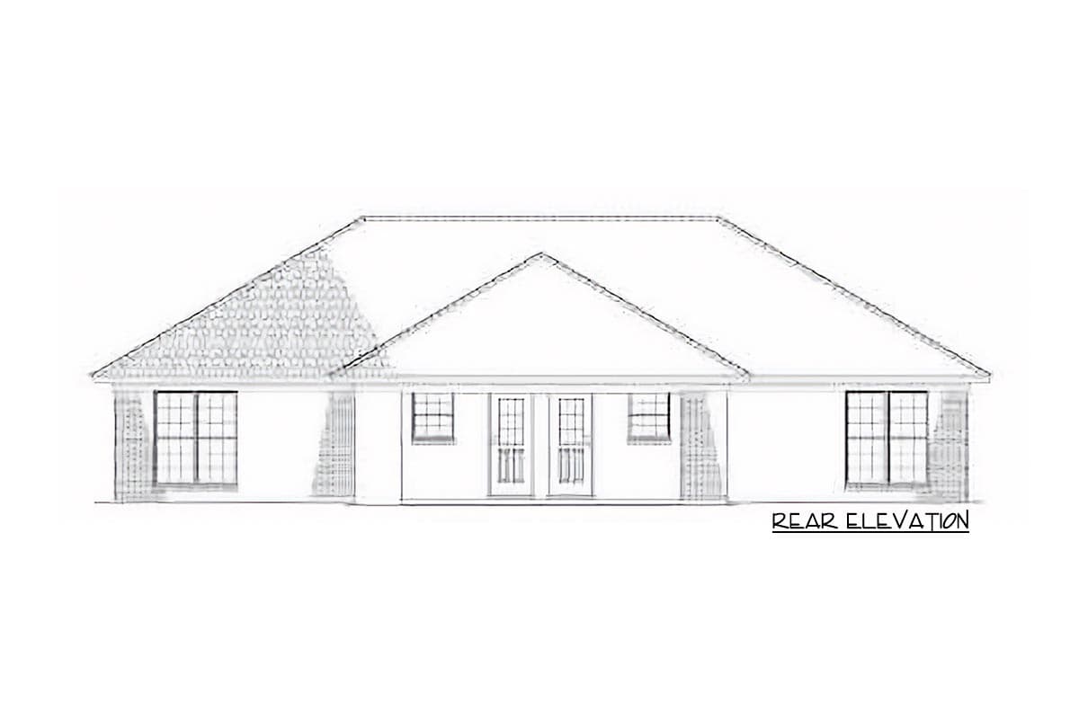 Rear elevation of a one-story house plan with a hipped roof, textured gables, and multiple windows.