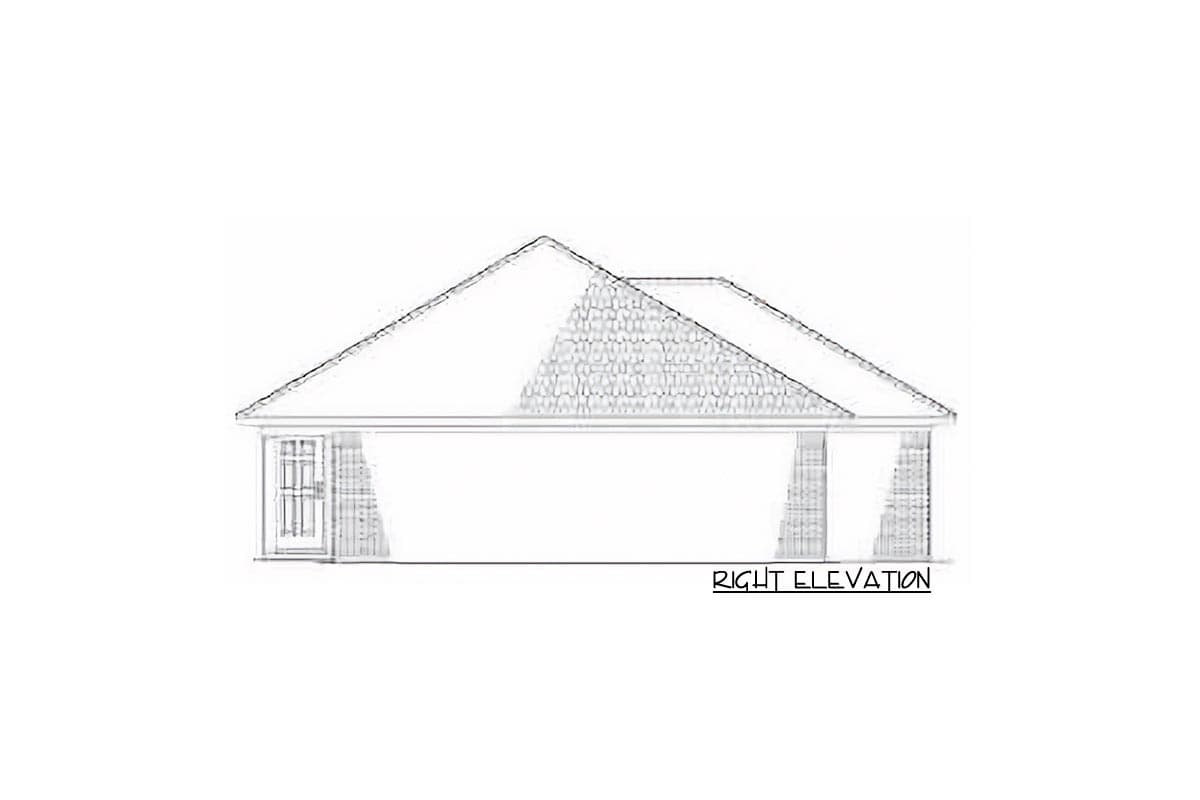 House plan right elevation drawing showing a pitched roof, gable, and front-facing entrance with columns.