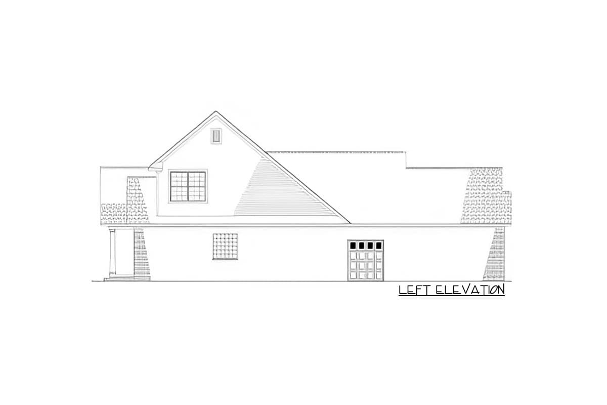 Left elevation drawing of a two-story house plan with gables, a dormer, and stone accents.