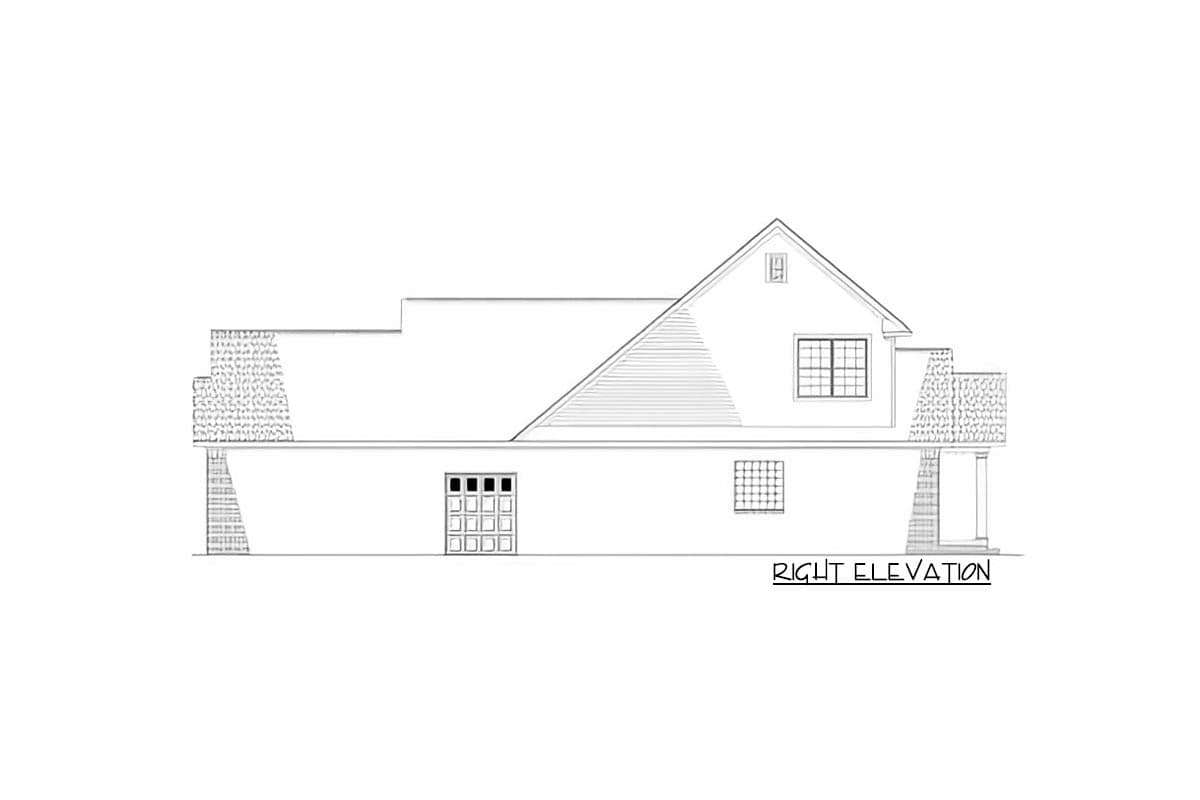 Right elevation drawing of a house plan showing a multi-level roof, gabled dormer, and garage door.