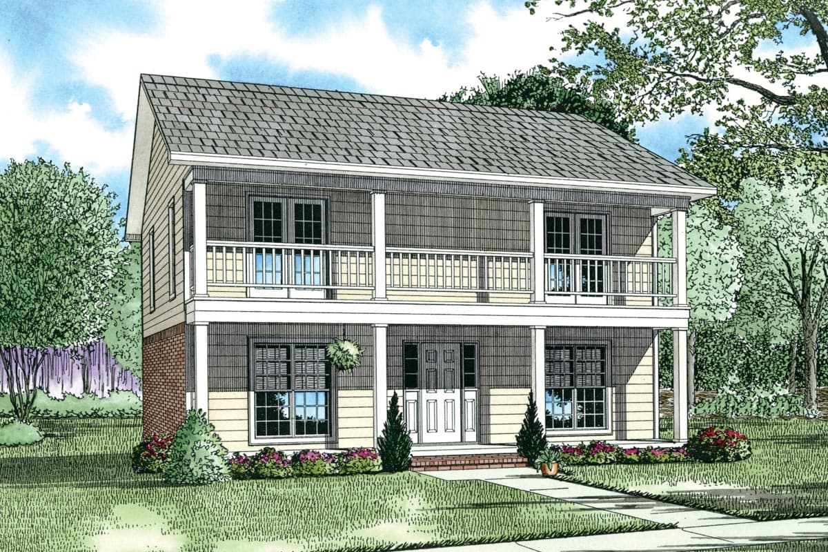 Two-story house plan exterior with a double-level porch, gabled roof, and brick and siding exterior.