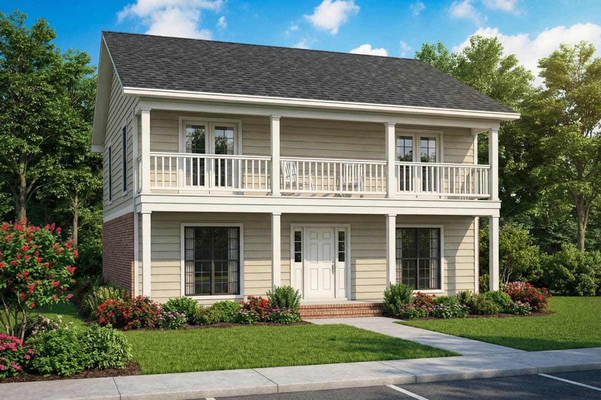 Two-story house with a beige exterior, black roof, and white trim. It features a second-story balcony and brick accents on the ground floor.