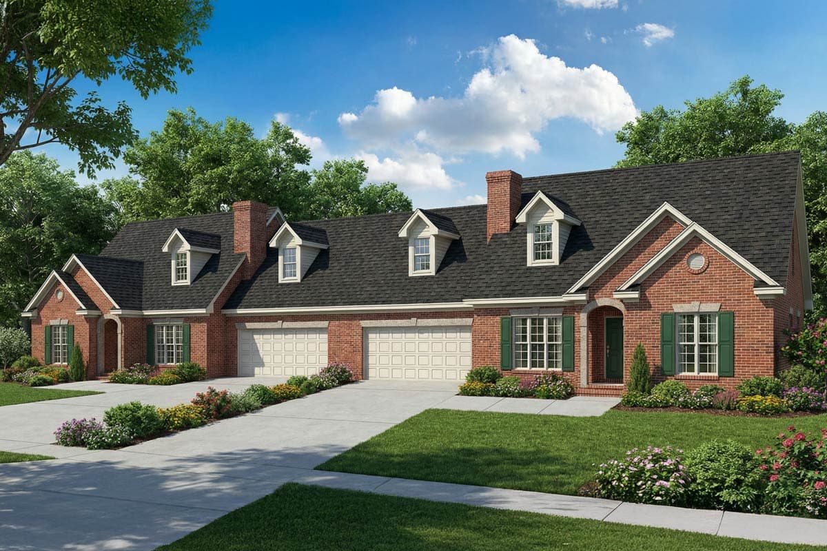 A brick townhome with multiple dormers, green shutters, and garages is set against a backdrop of trees and a bright blue sky with fluffy clouds.