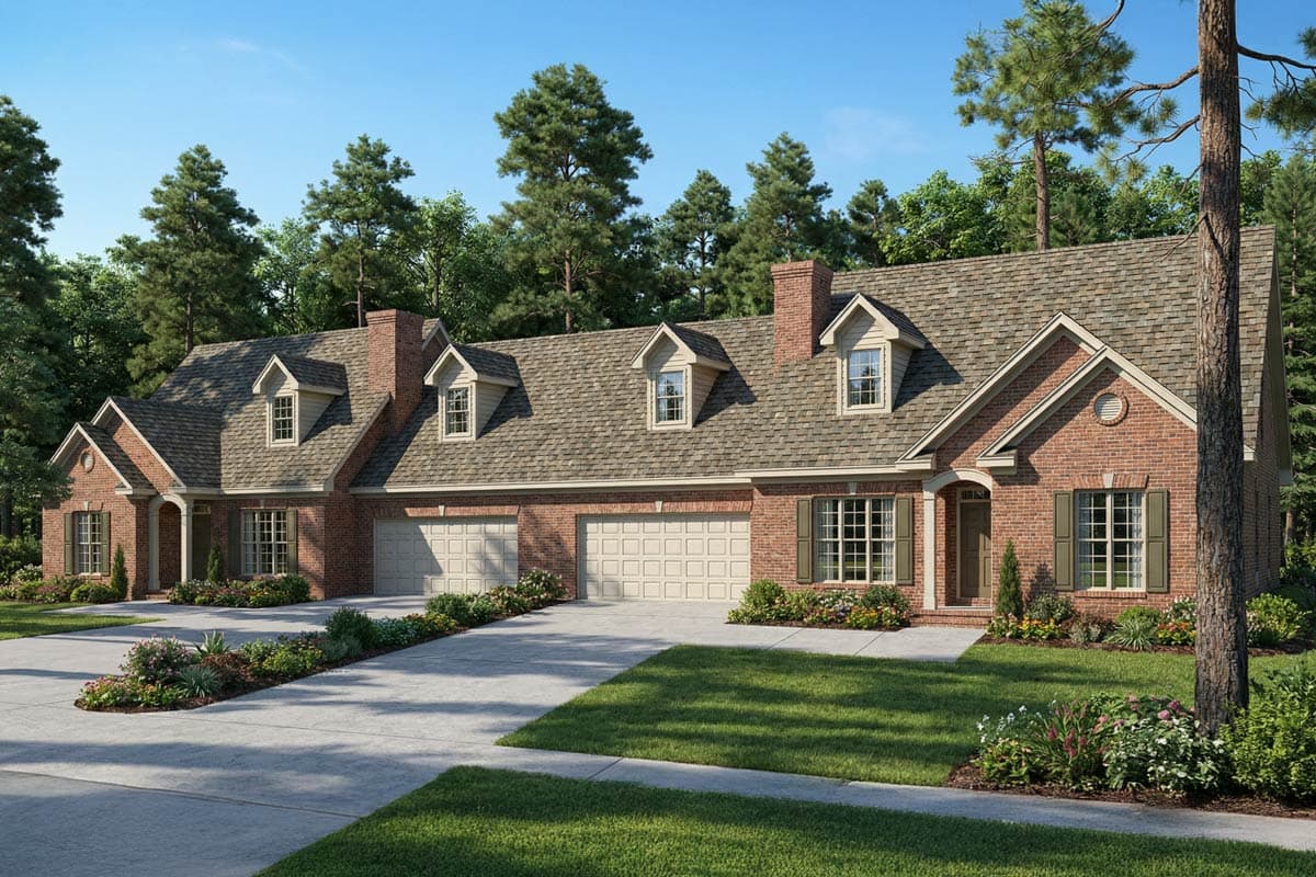 House plan exterior featuring brick construction, three dormers, dual garage doors, and a covered entryway.